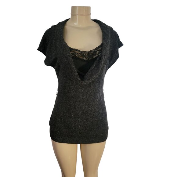 Almost Famous Women's Grey Cowl Neck Lace Insert Short Sleeve Sweater - Picture 1 of 13